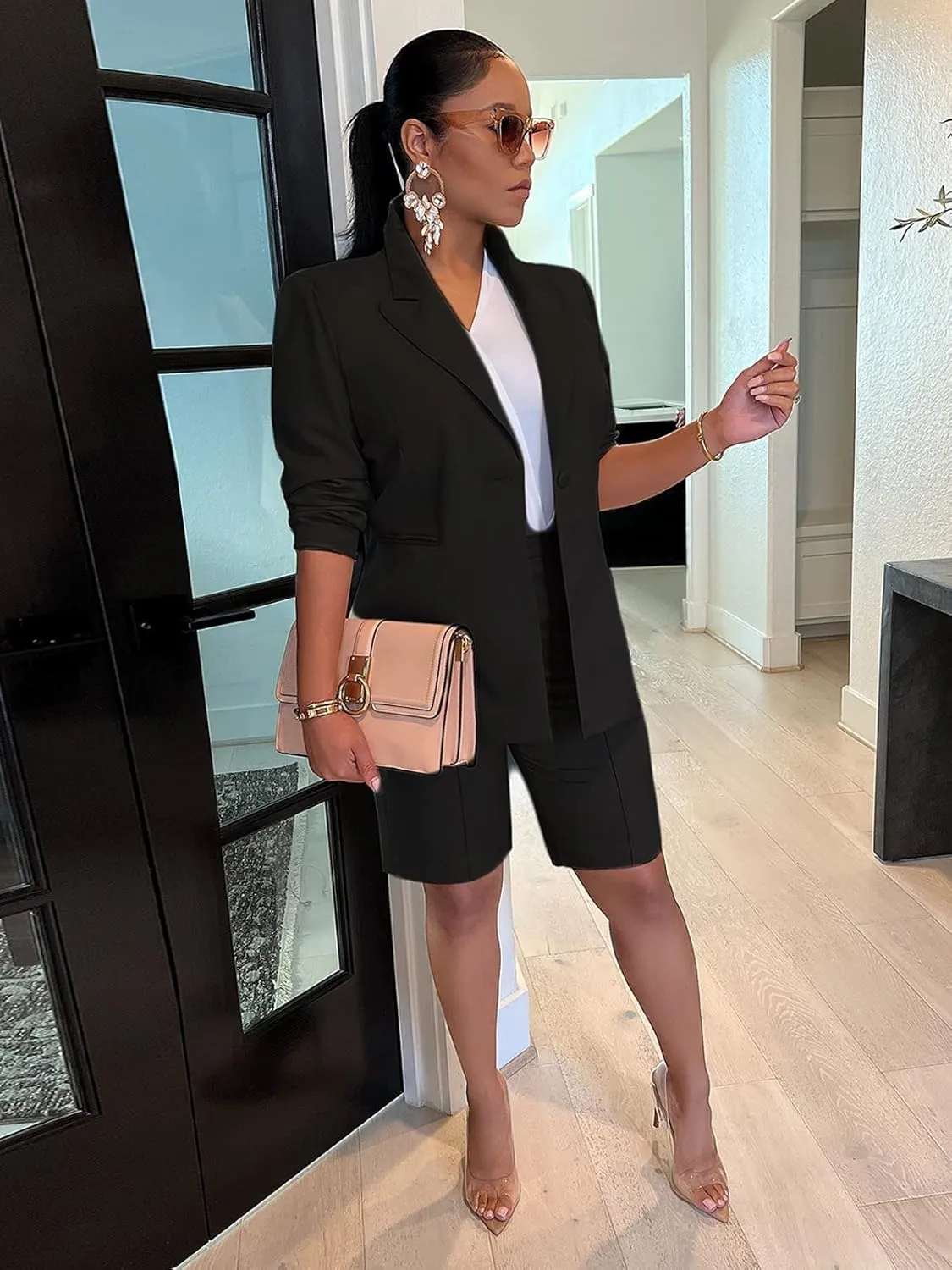 XZLUFNY Women's 2 Piece Full Sleeve Blazer and Short Office Business Work Suit Set