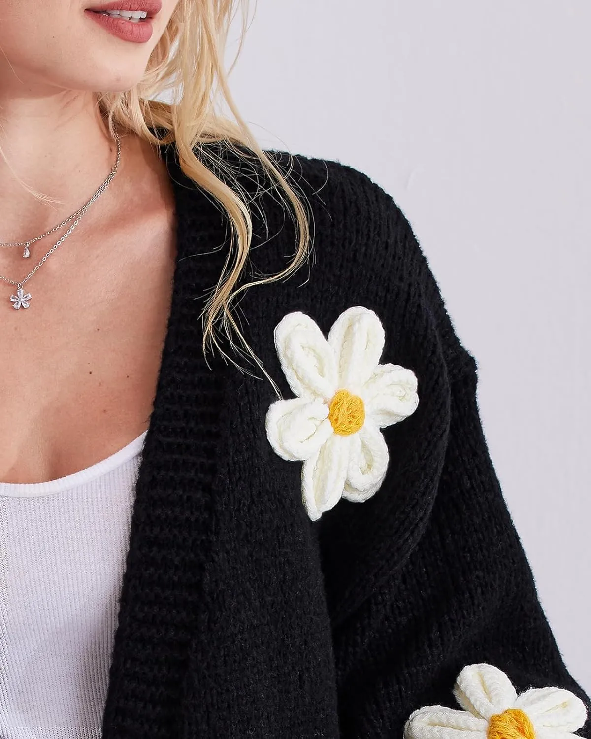 Y2k Sweater Cardigan for Women, Long Sleeve V-Neck Button Crochet Flower Knit Womens Clothes.