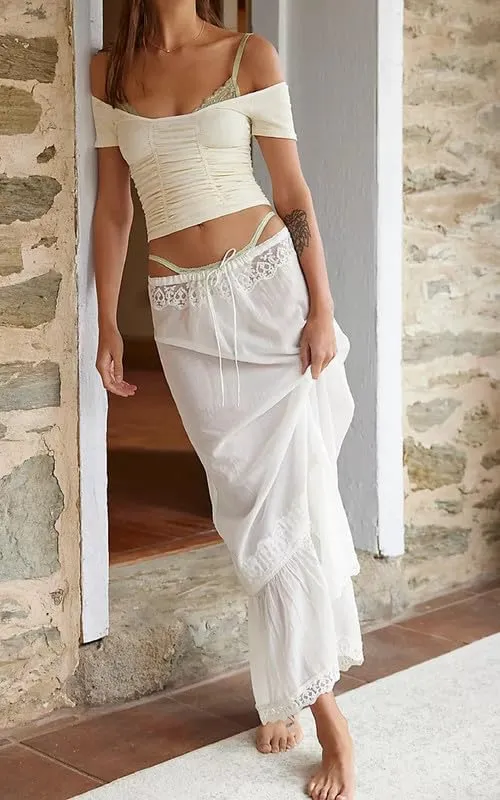 Y2K Women See Through Lace Long Skirts Asymmetrical Layered Hem Midi Skirts Ruffle Fairy Grunge Beach Maxi Skirts