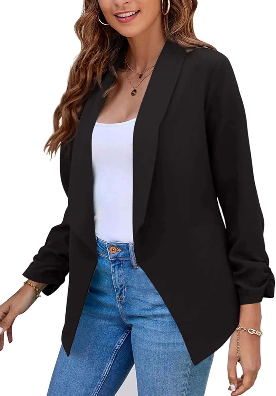 YMING Womens Open Front Work Blazer Business Long Sleeve Jackets Solid Color Office Short Cardigans