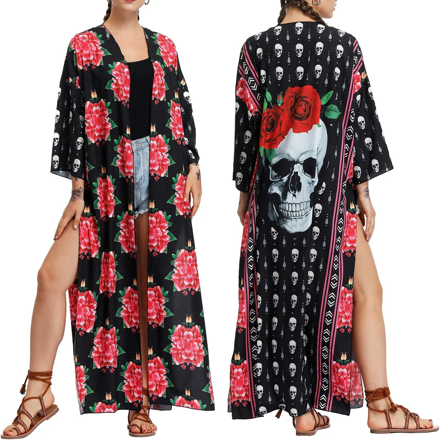YULUOSHA Women's Boho Floral Long Kimono Cardigans Top Casual Loose Maxi Open Front Plus Size Beach Swimsuit Cover Up
