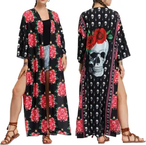 YULUOSHA Women's Boho Floral Long Kimono Cardigans Top Casual Loose Maxi Open Front Plus Size Beach Swimsuit Cover Up