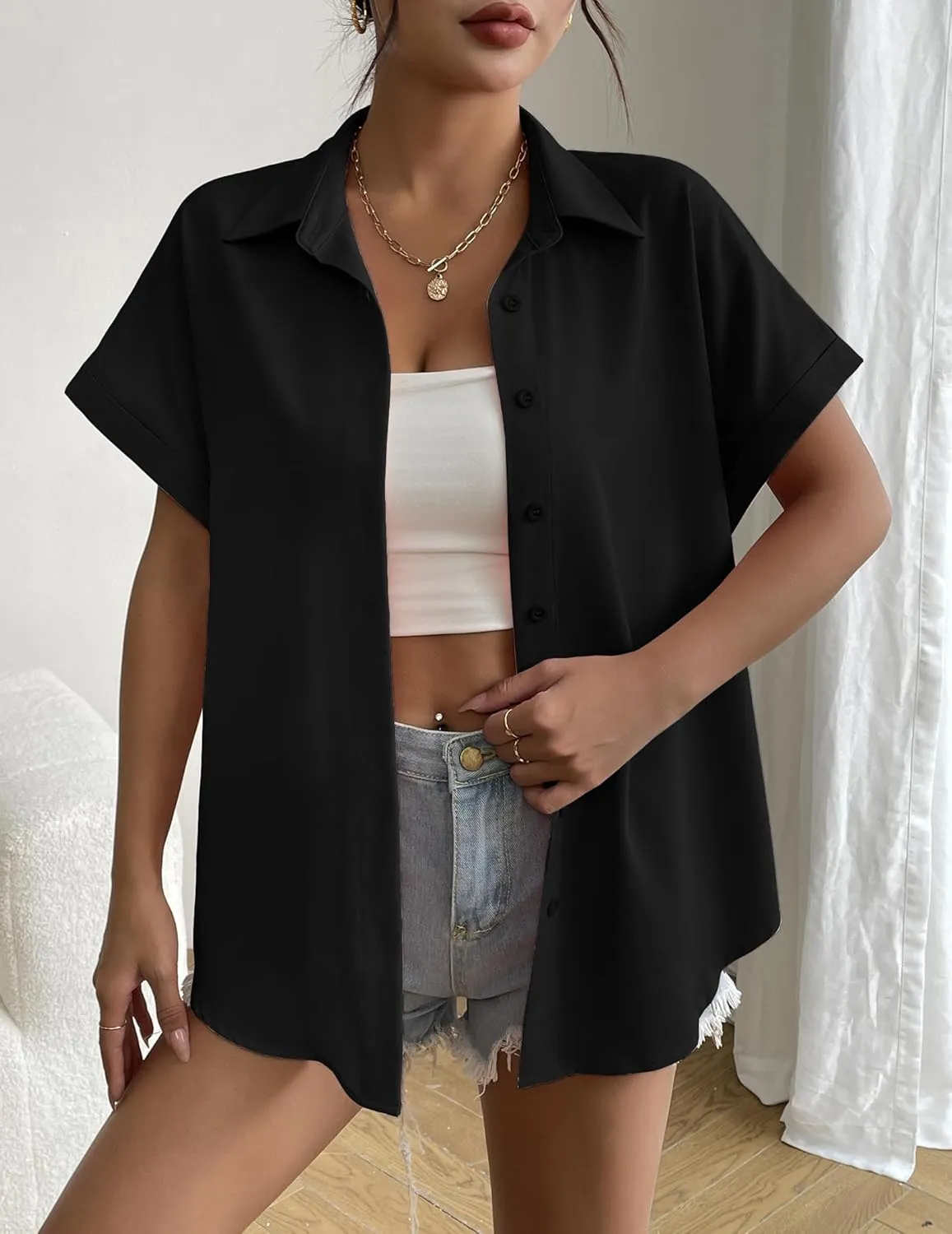 Zeagoo Short Sleeve Summer Tops for Women Casual Button Down Shirts Solid/Striped Business Work Blouses