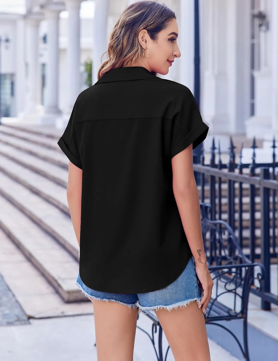 Zeagoo Short Sleeve Summer Tops for Women Casual Button Down Shirts Solid/Striped Business Work Blouses
