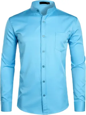 ZEROYAA Men's Banded Collar Slim Fit Long Sleeve Casual Button Down Dress Shirts with Pocket
