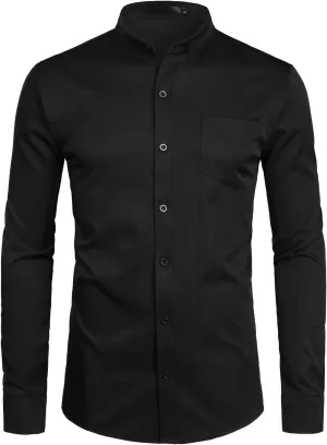 ZEROYAA Men's Banded Collar Slim Fit Long Sleeve Casual Button Down Dress Shirts with Pocket