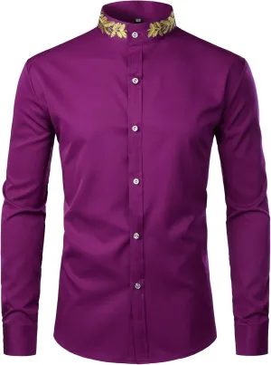 ZEROYAA Mens Hipster Gold Embroidery Mandarin Collar Slim Fit Long Sleeve Casual Dress Shirts
