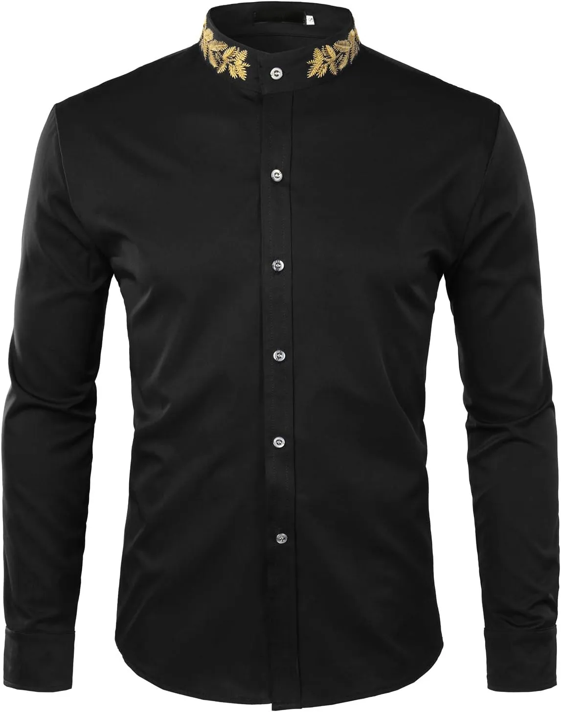 ZEROYAA Mens Hipster Gold Embroidery Mandarin Collar Slim Fit Long Sleeve Casual Dress Shirts