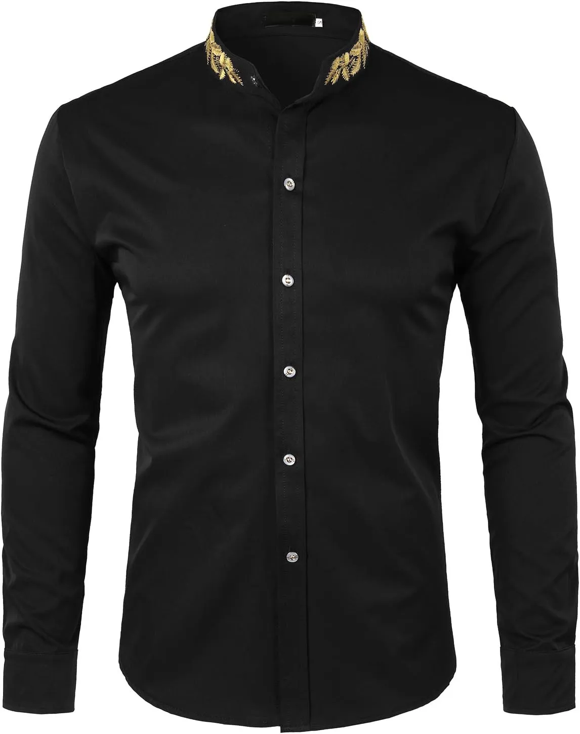 ZEROYAA Mens Hipster Gold Embroidery Mandarin Collar Slim Fit Long Sleeve Casual Dress Shirts