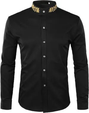ZEROYAA Mens Hipster Gold Embroidery Mandarin Collar Slim Fit Long Sleeve Casual Dress Shirts