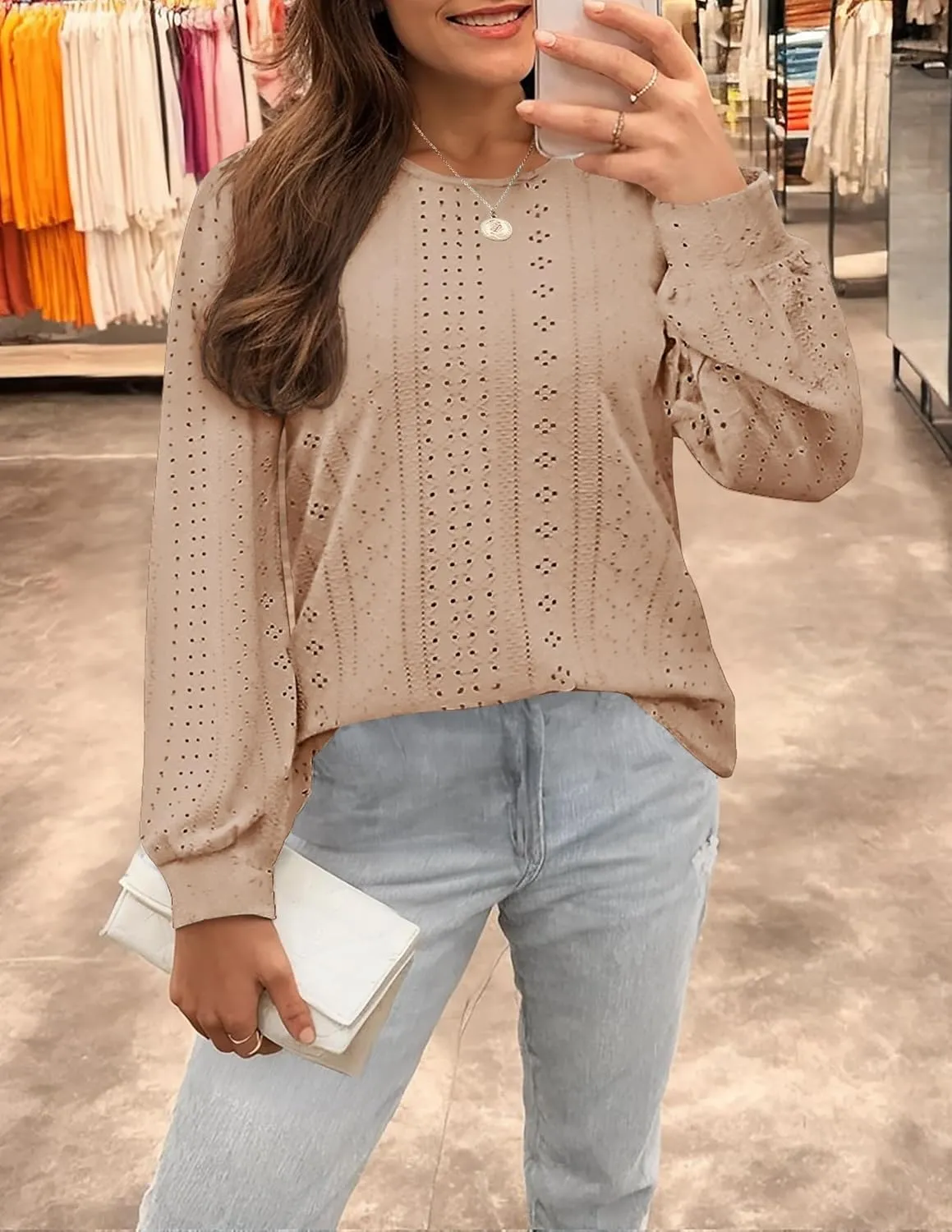 ZESICA Long Sleeve Eyelet Tops for Womens Crew Neck Fall Shirts Casual Loose Blouses 2025 Trendy Clothes