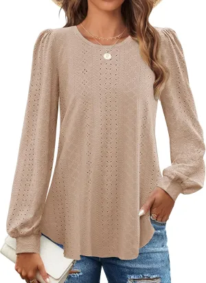 ZESICA Long Sleeve Eyelet Tops for Womens Crew Neck Fall Shirts Casual Loose Blouses 2025 Trendy Clothes