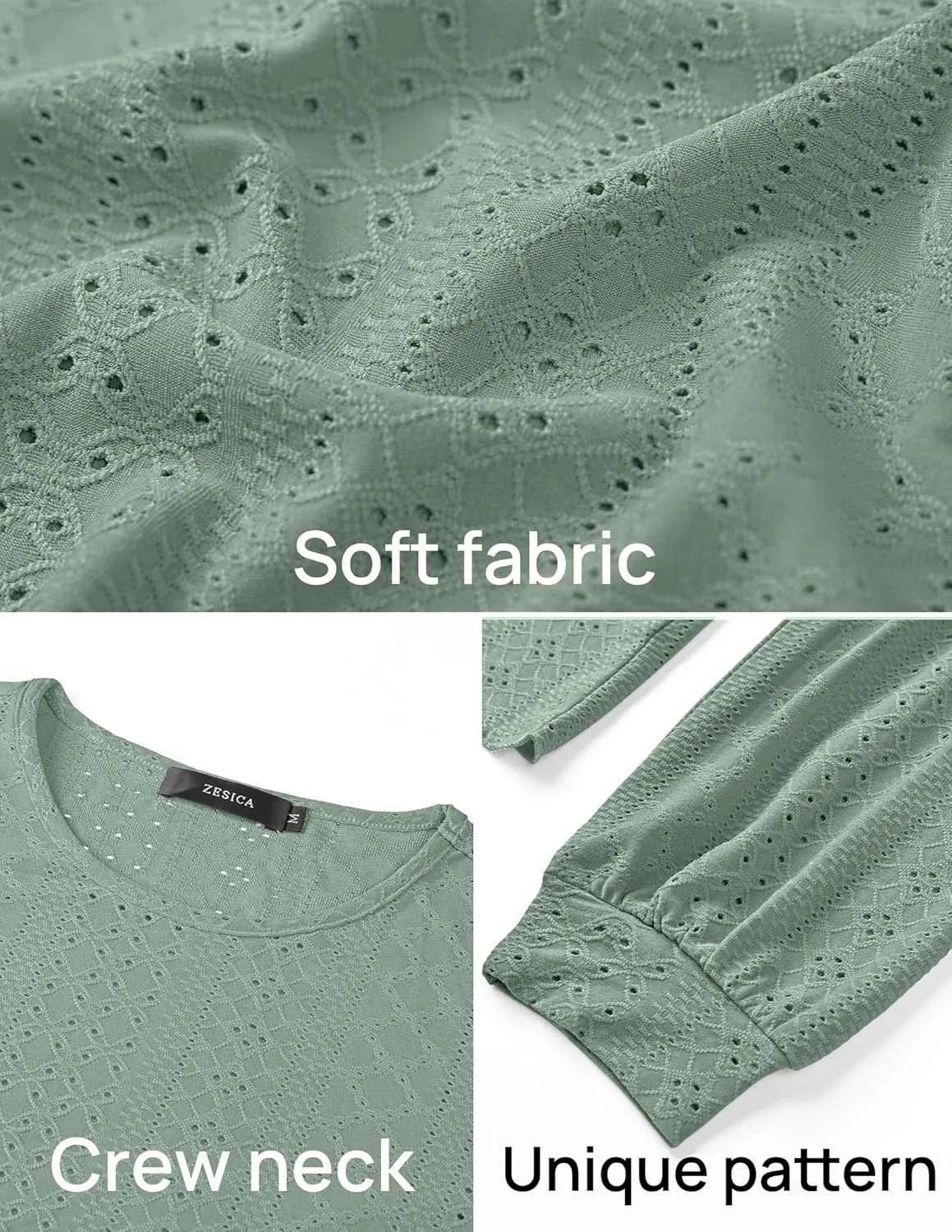 ZESICA Long Sleeve Eyelet Tops for Womens Crew Neck Fall Shirts Casual Loose Blouses 2025 Trendy Clothes