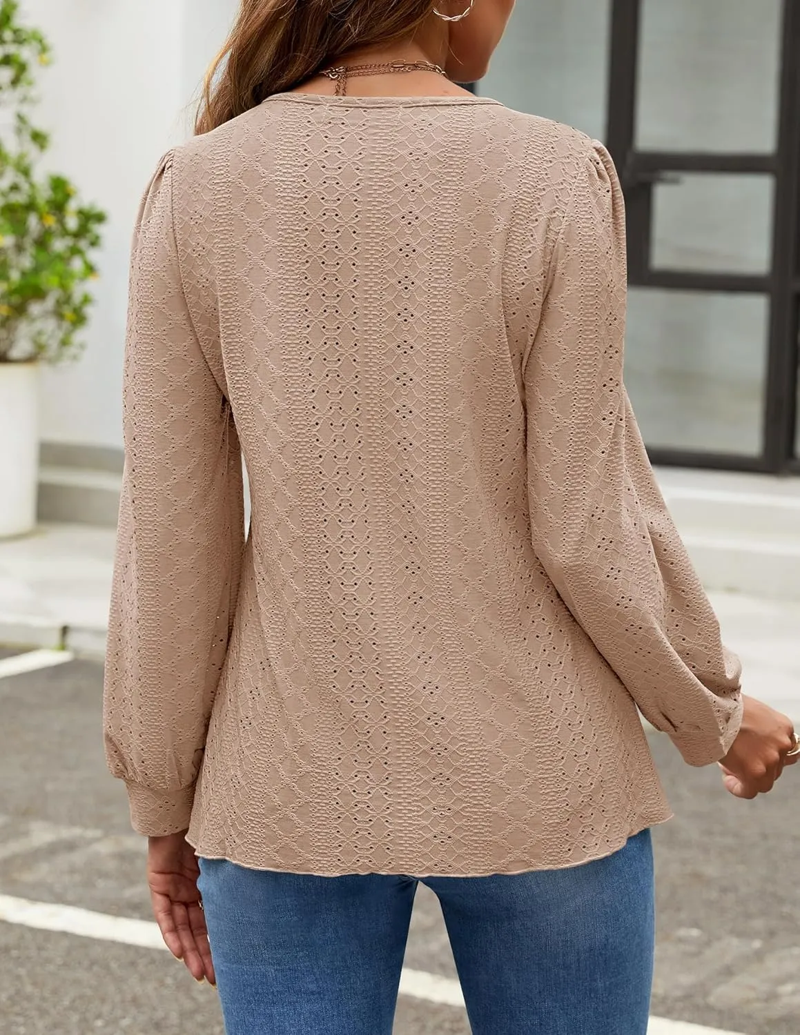 ZESICA Long Sleeve Eyelet Tops for Womens Crew Neck Fall Shirts Casual Loose Blouses 2025 Trendy Clothes
