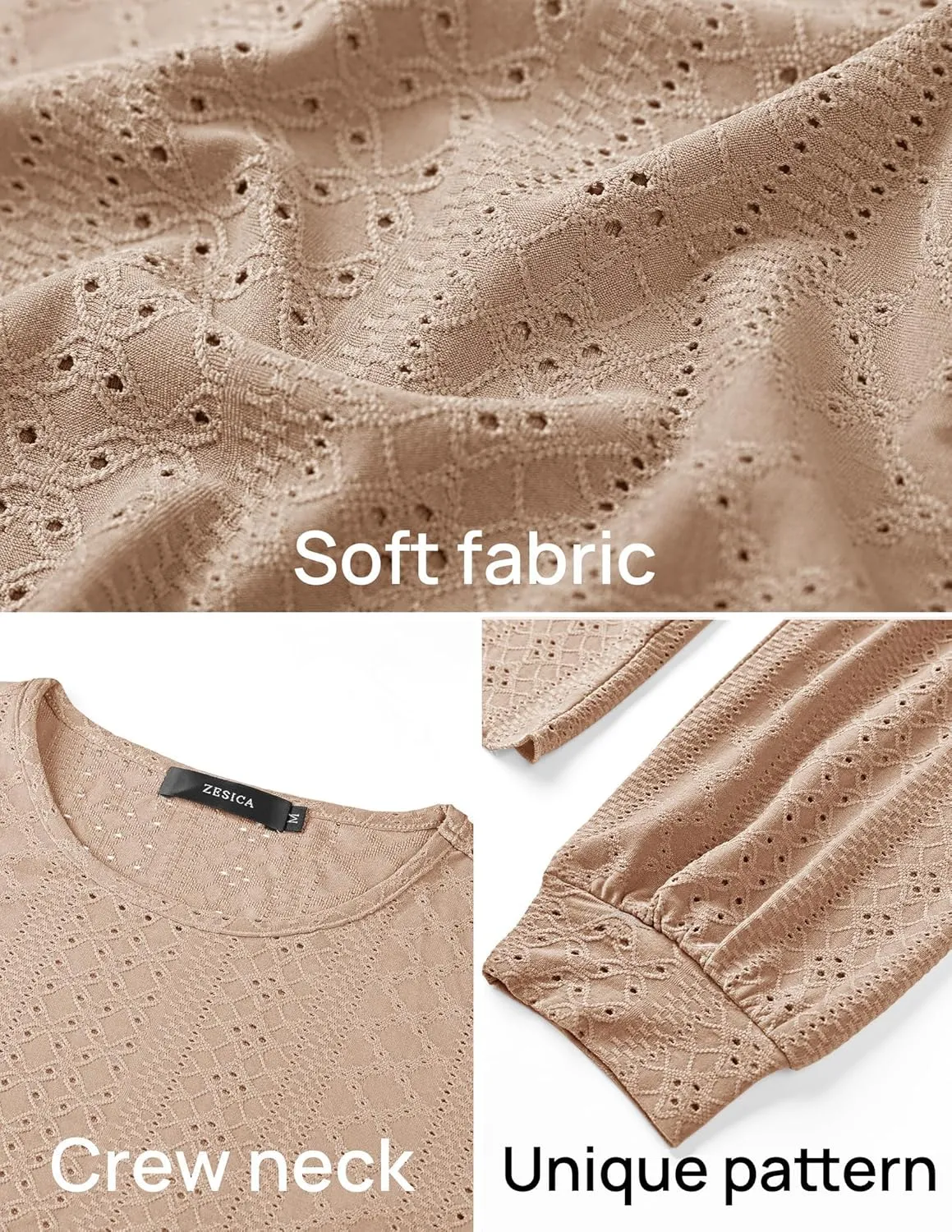 ZESICA Long Sleeve Eyelet Tops for Womens Crew Neck Fall Shirts Casual Loose Blouses 2025 Trendy Clothes