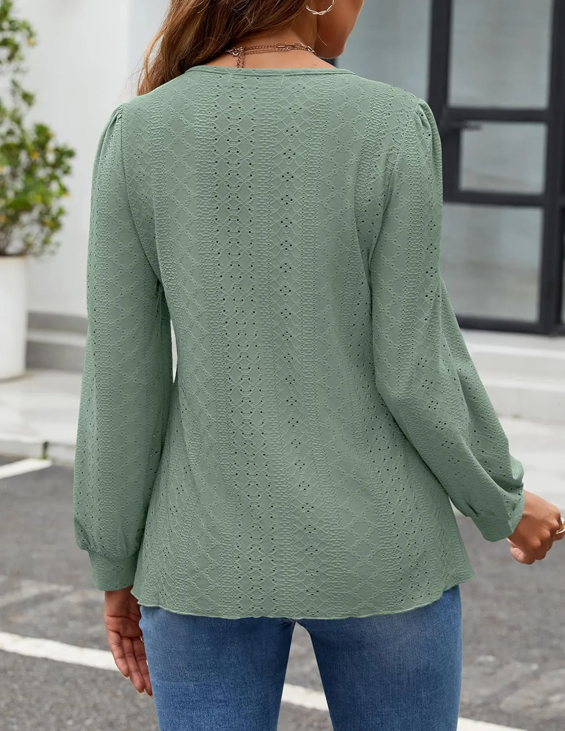ZESICA Long Sleeve Eyelet Tops for Womens Crew Neck Fall Shirts Casual Loose Blouses 2025 Trendy Clothes