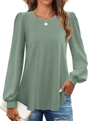 ZESICA Long Sleeve Eyelet Tops for Womens Crew Neck Fall Shirts Casual Loose Blouses 2025 Trendy Clothes