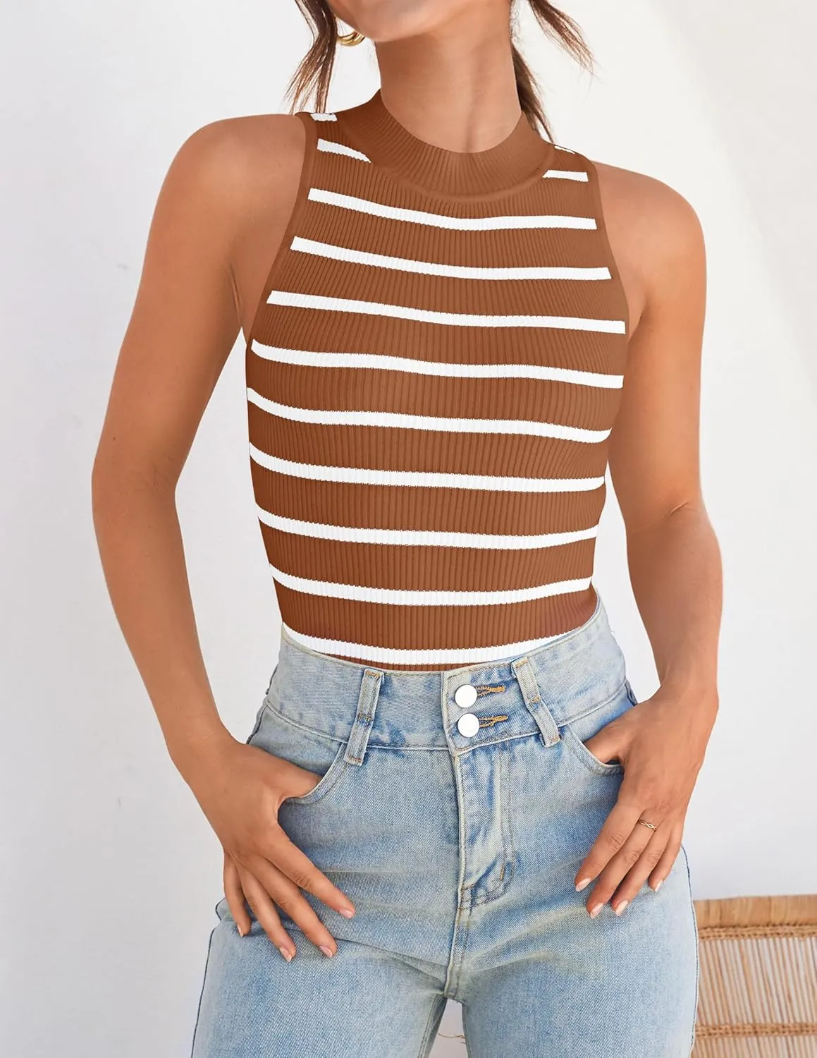 ZESICA Womens Ribbed Tank Tops High Neck Slim Fitted Striped Basic Casual Summer Sleeveless Shirts