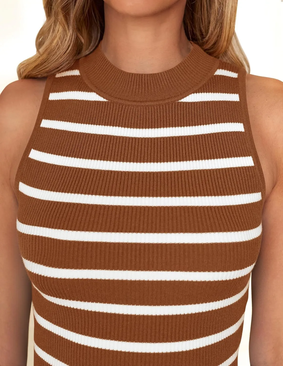 ZESICA Womens Ribbed Tank Tops High Neck Slim Fitted Striped Basic Casual Summer Sleeveless Shirts
