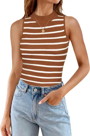 ZESICA Womens Ribbed Tank Tops High Neck Slim Fitted Striped Basic Casual Summer Sleeveless Shirts