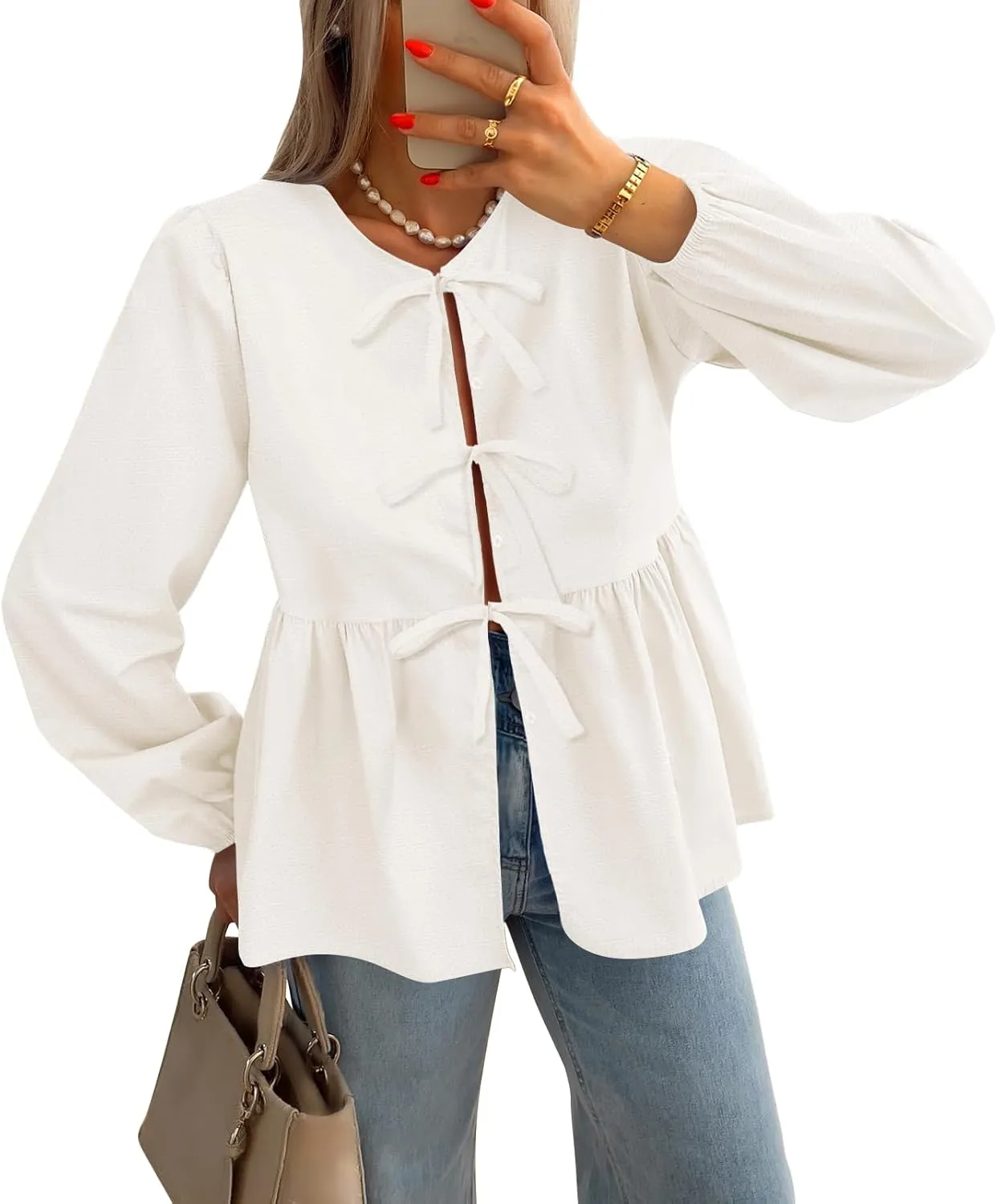 ZESICA Womens Tops Tie Front Long Puff Sleeve Button Peplum Babydoll Cute Shirts Spring Fashion Blouses