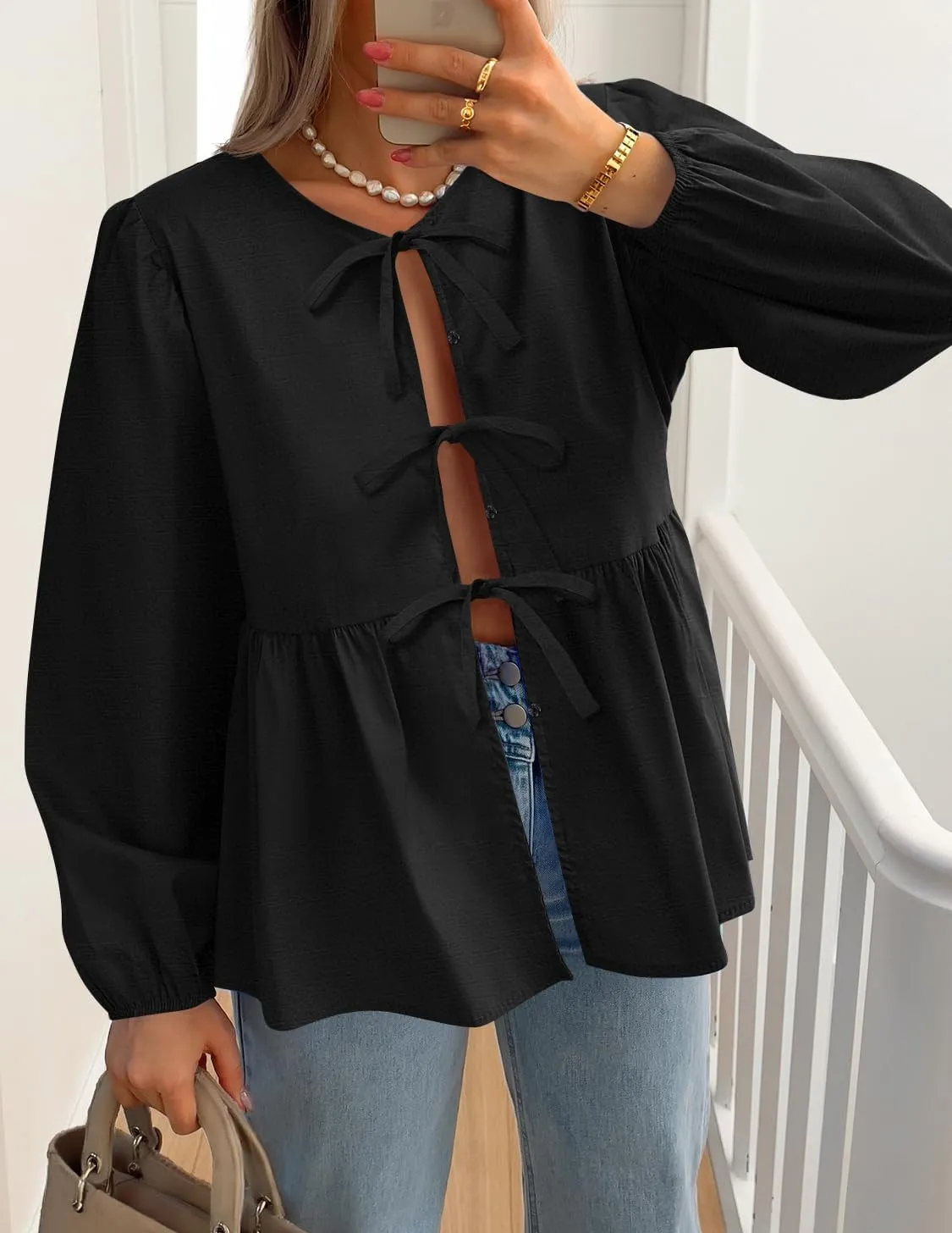 ZESICA Womens Tops Tie Front Long Puff Sleeve Button Peplum Babydoll Cute Shirts Spring Fashion Blouses