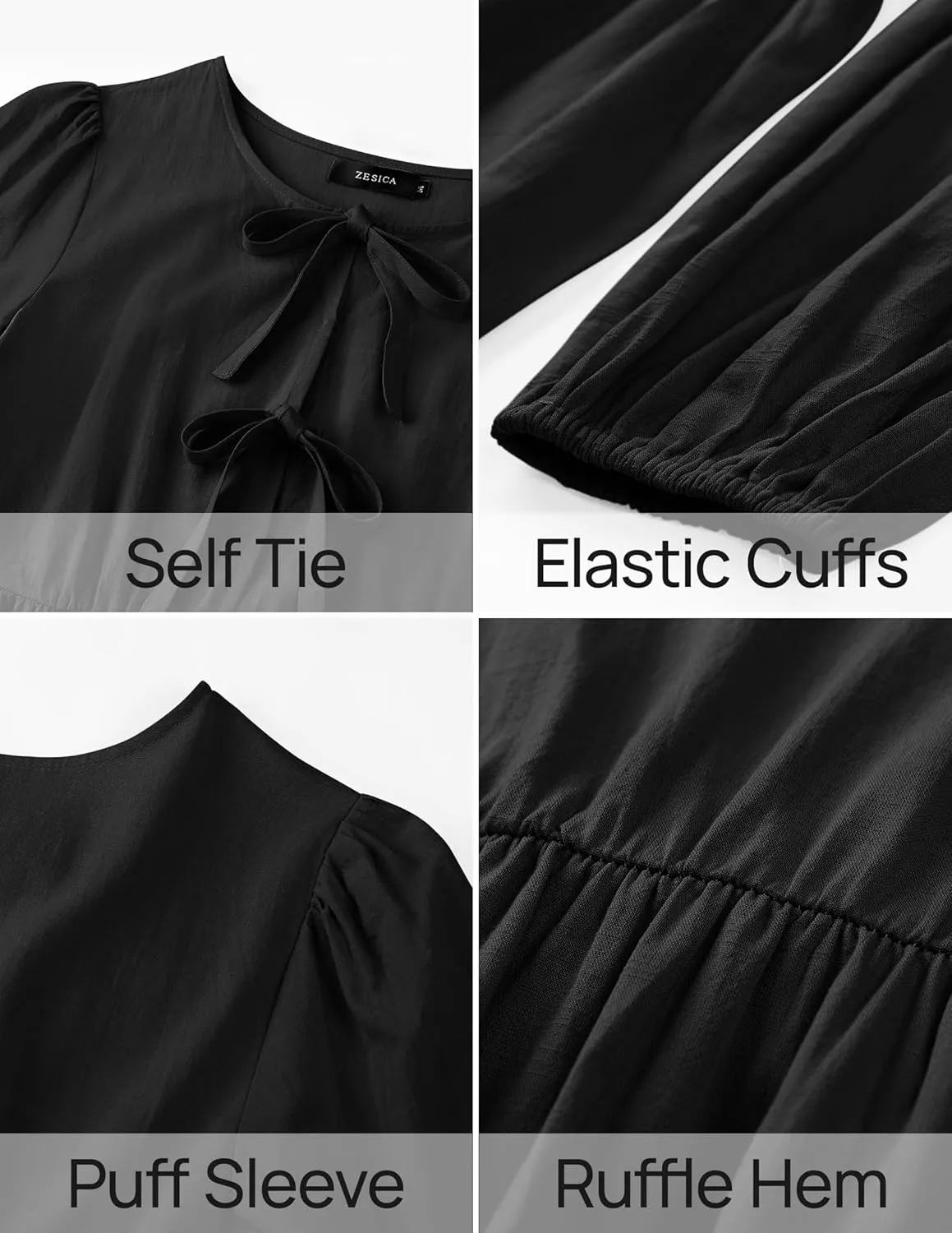 ZESICA Womens Tops Tie Front Long Puff Sleeve Button Peplum Babydoll Cute Shirts Spring Fashion Blouses