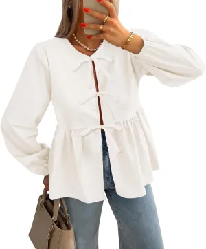 ZESICA Womens Tops Tie Front Long Puff Sleeve Button Peplum Babydoll Cute Shirts Spring Fashion Blouses