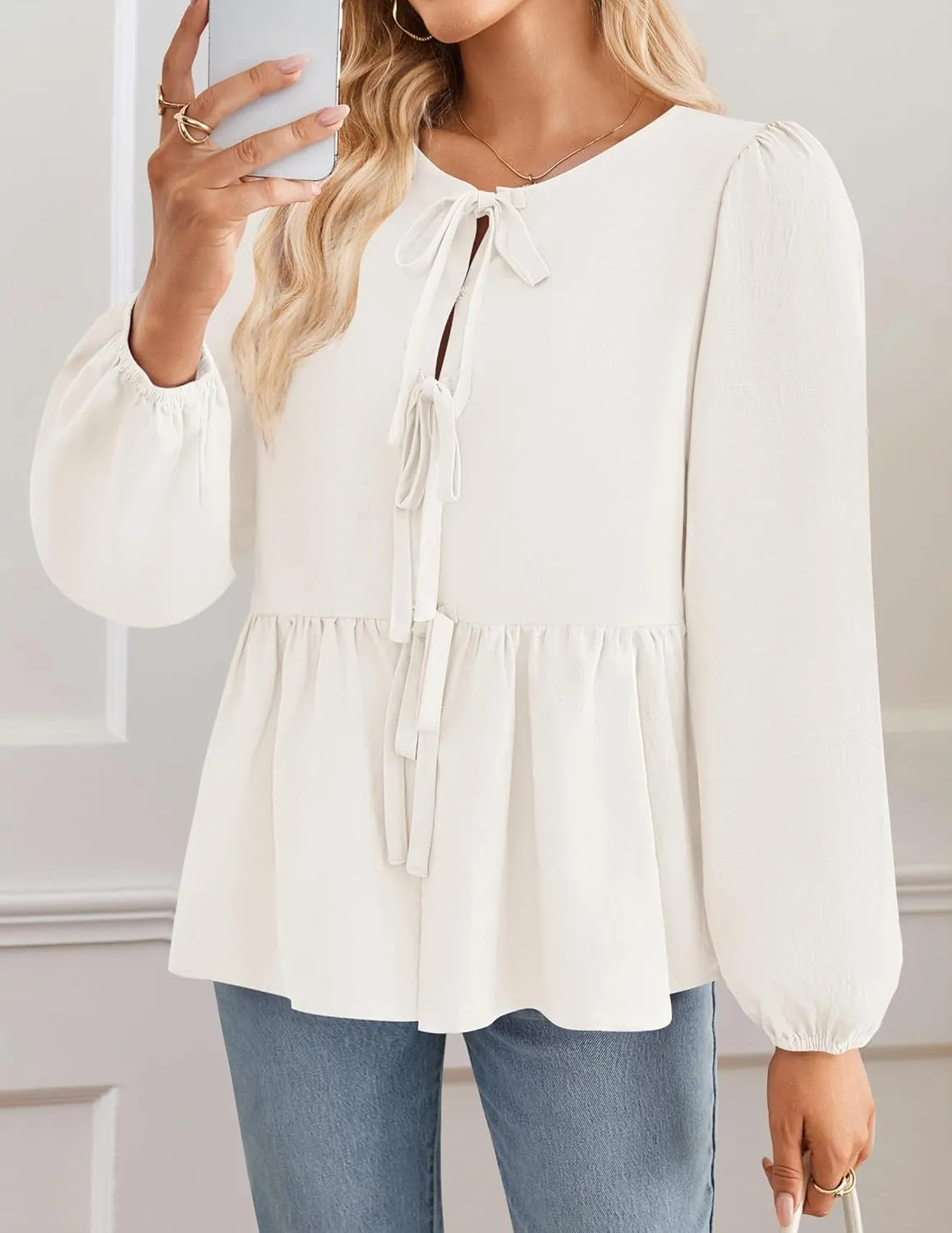ZESICA Womens Tops Tie Front Long Puff Sleeve Button Peplum Babydoll Cute Shirts Spring Fashion Blouses