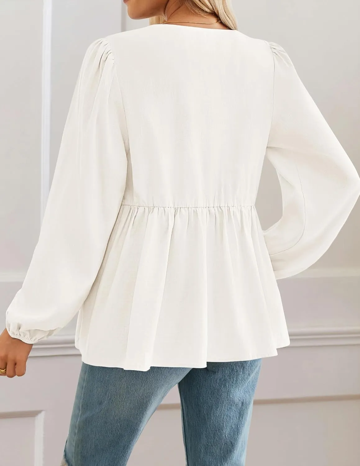 ZESICA Womens Tops Tie Front Long Puff Sleeve Button Peplum Babydoll Cute Shirts Spring Fashion Blouses