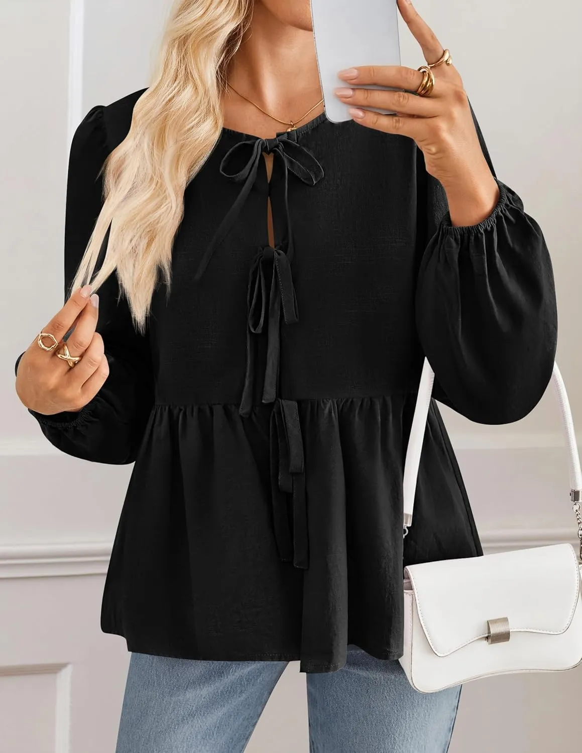 ZESICA Womens Tops Tie Front Long Puff Sleeve Button Peplum Babydoll Cute Shirts Spring Fashion Blouses