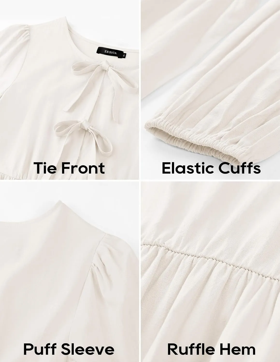 ZESICA Womens Tops Tie Front Long Puff Sleeve Button Peplum Babydoll Cute Shirts Spring Fashion Blouses