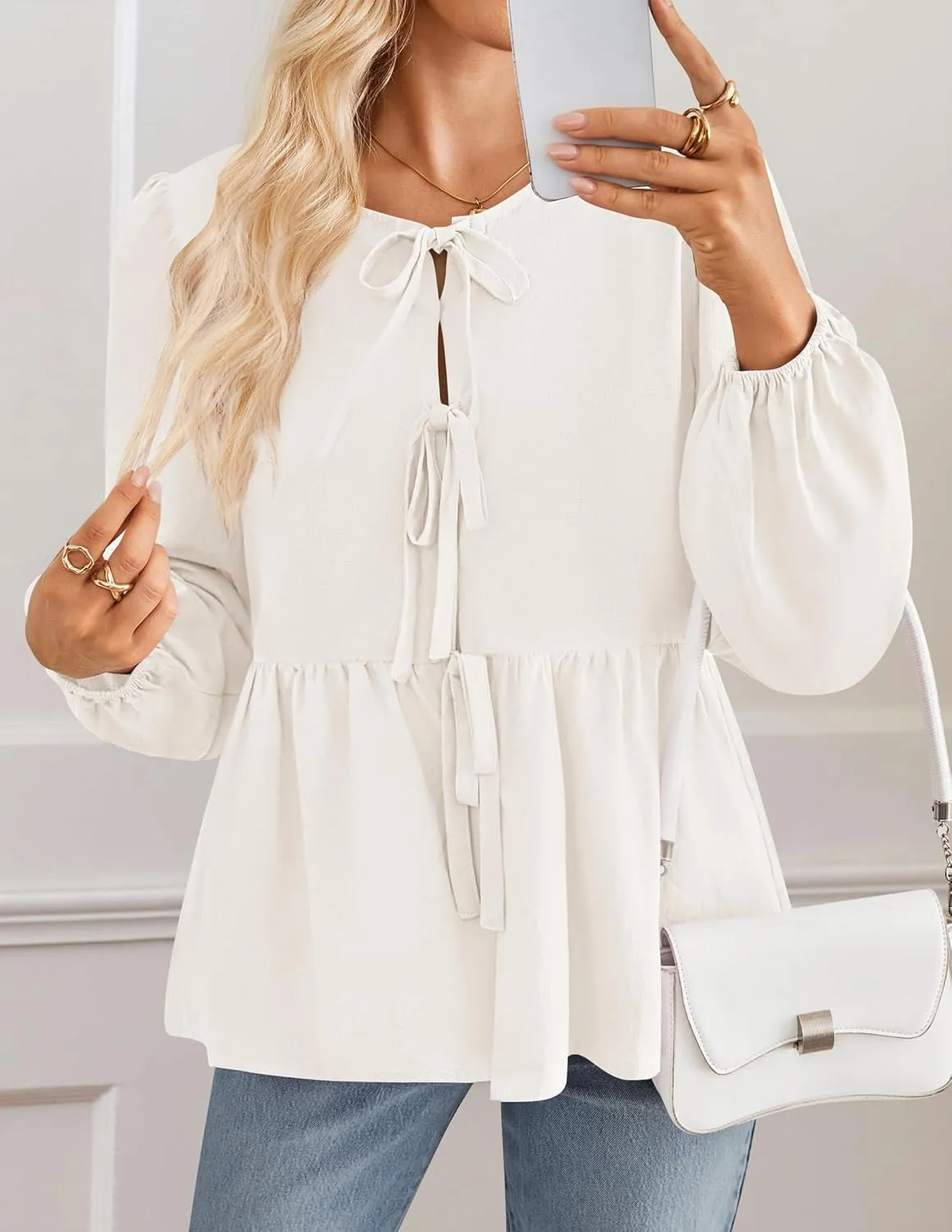 ZESICA Womens Tops Tie Front Long Puff Sleeve Button Peplum Babydoll Cute Shirts Spring Fashion Blouses