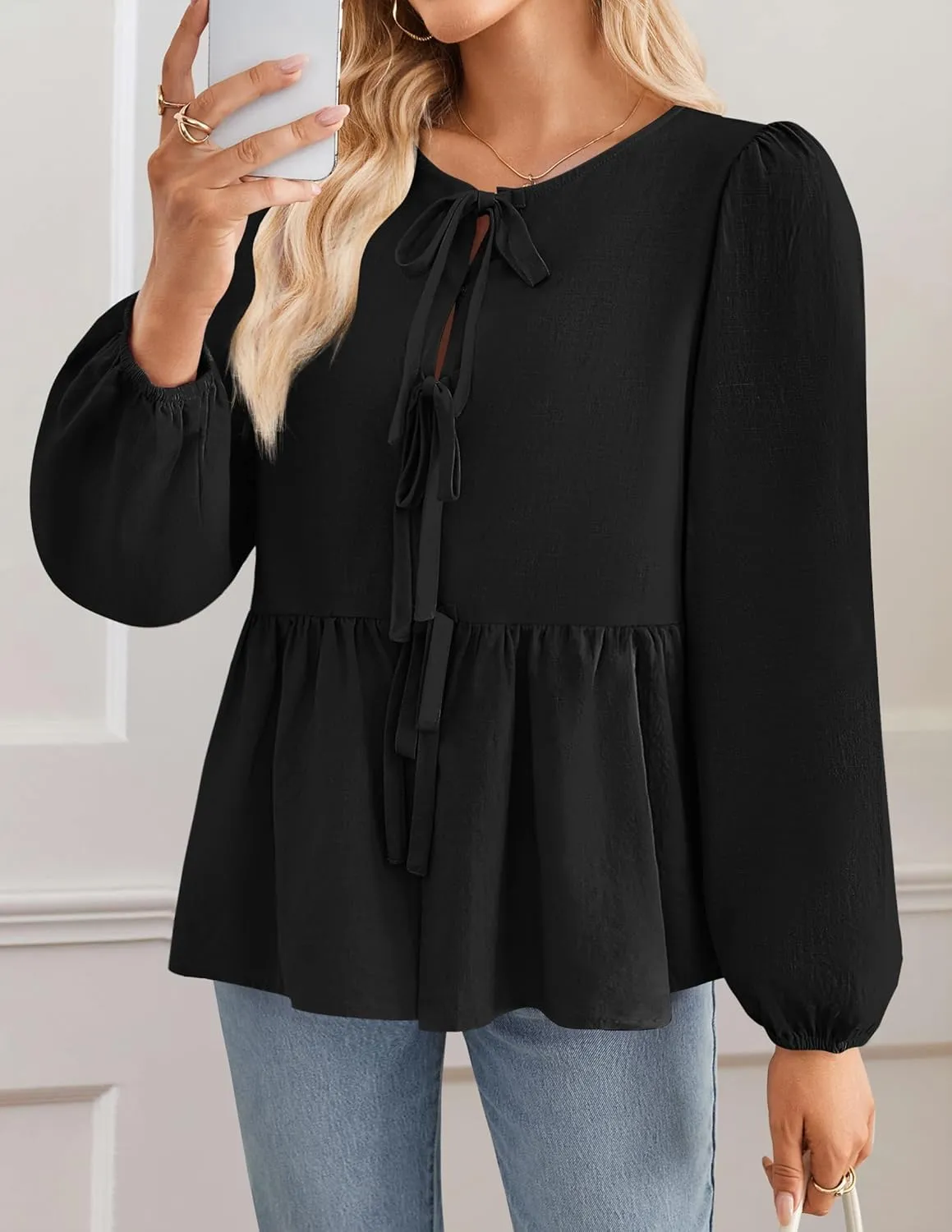 ZESICA Womens Tops Tie Front Long Puff Sleeve Button Peplum Babydoll Cute Shirts Spring Fashion Blouses
