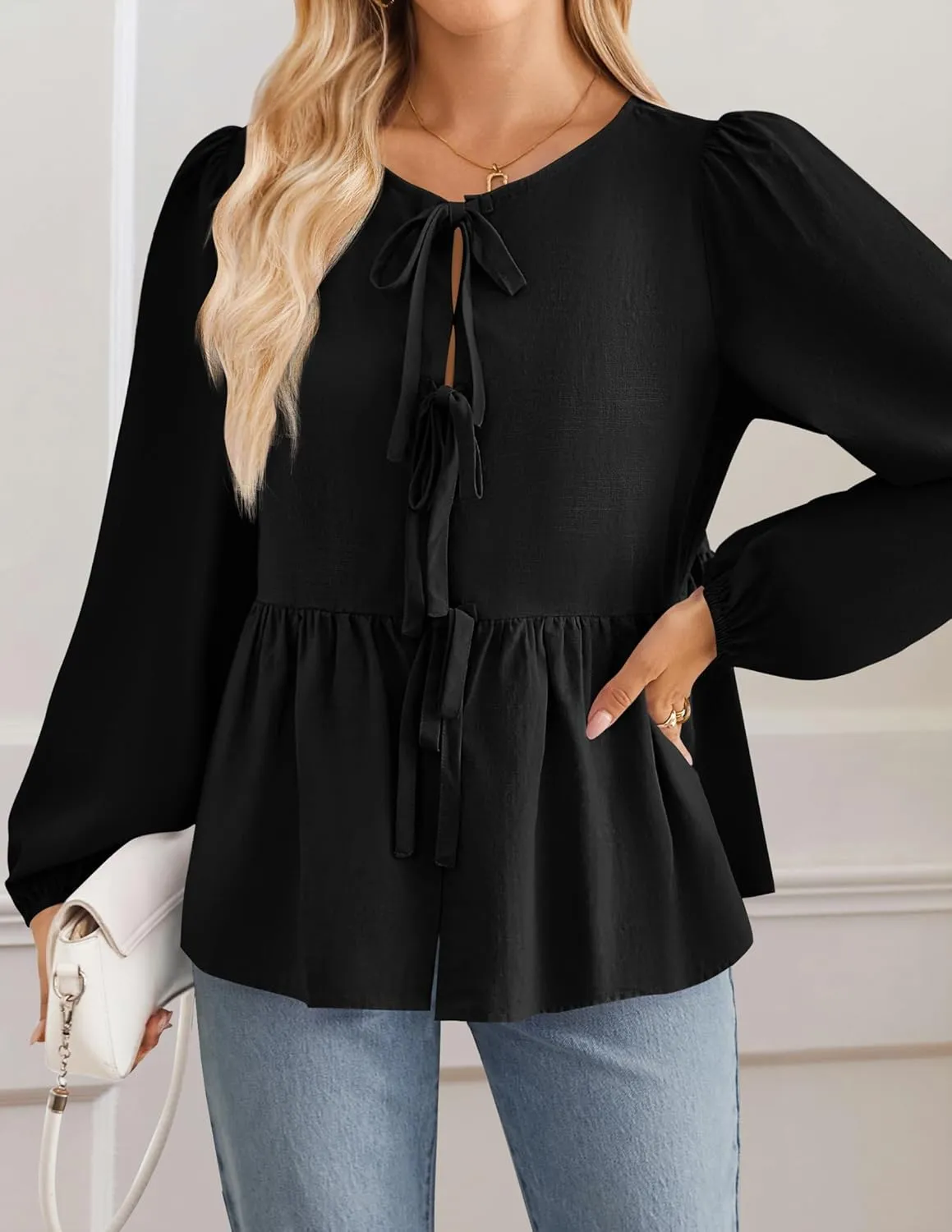 ZESICA Womens Tops Tie Front Long Puff Sleeve Button Peplum Babydoll Cute Shirts Spring Fashion Blouses