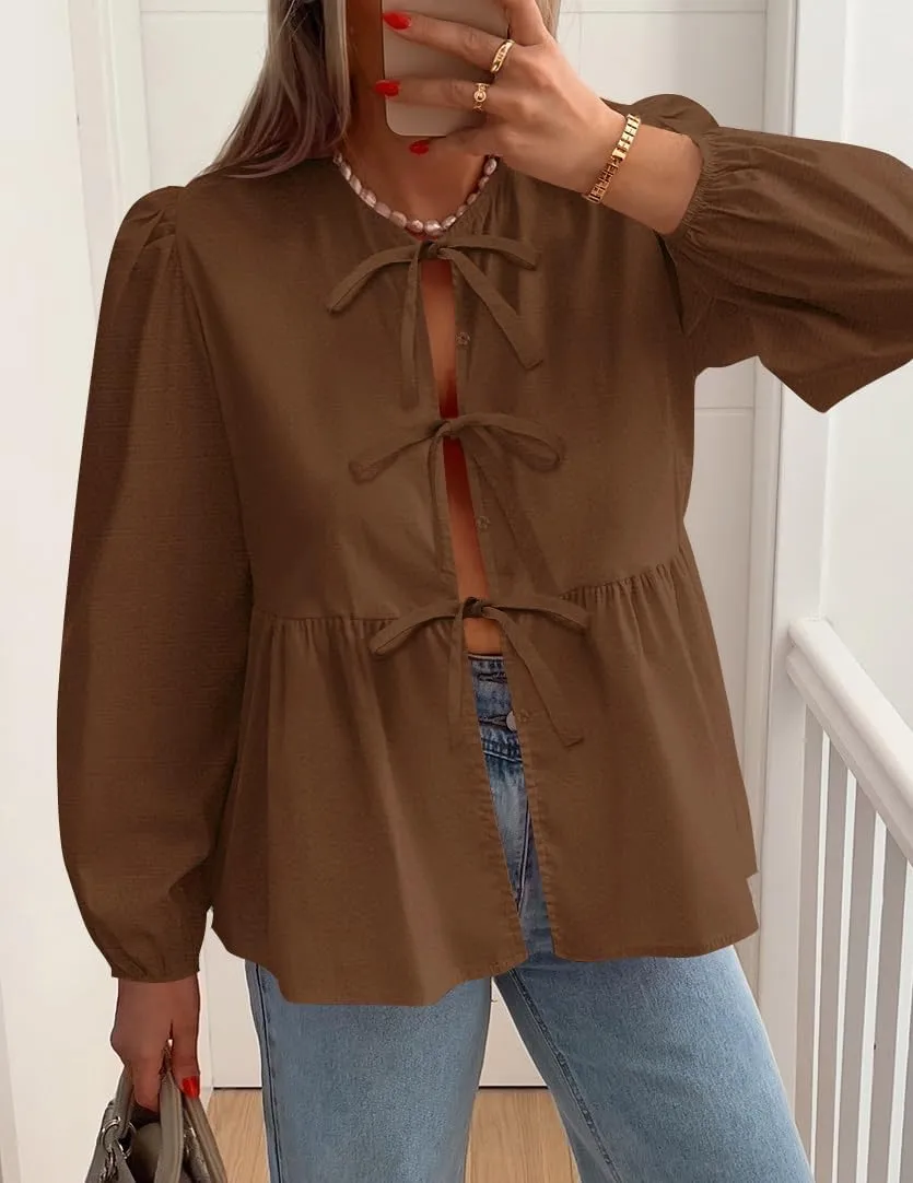 ZESICA Womens Tops Tie Front Long Puff Sleeve Button Peplum Babydoll Cute Shirts Spring Fashion Blouses