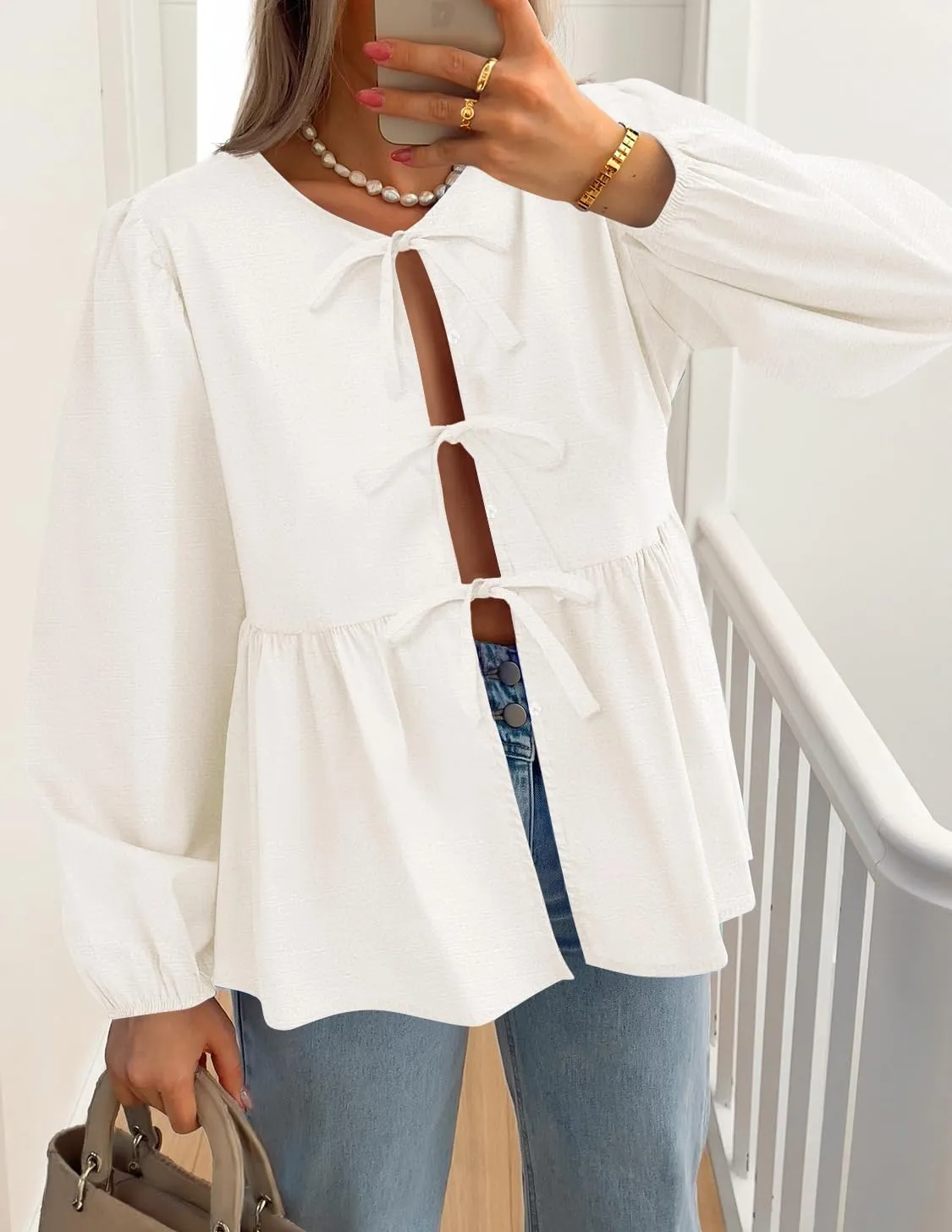 ZESICA Womens Tops Tie Front Long Puff Sleeve Button Peplum Babydoll Cute Shirts Spring Fashion Blouses