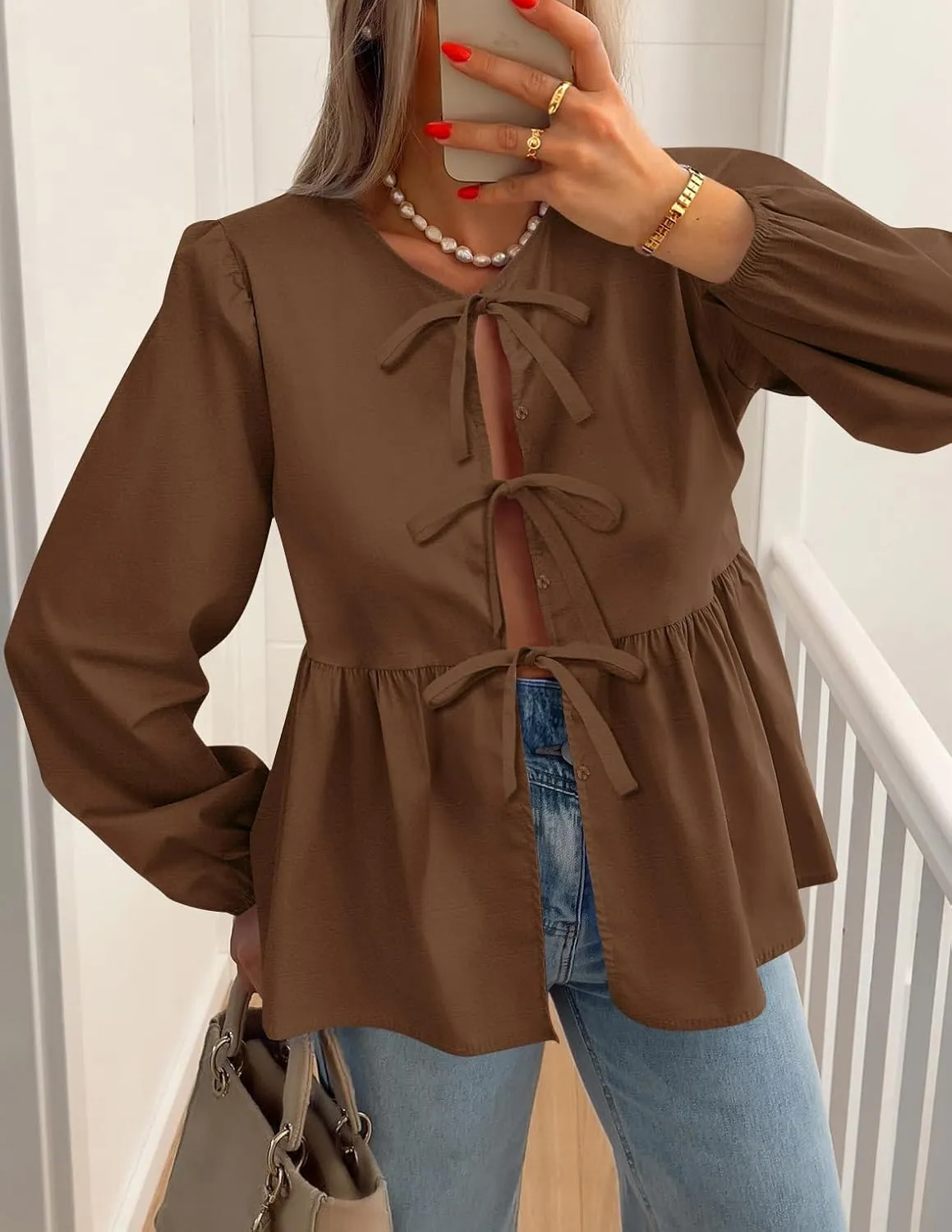 ZESICA Womens Tops Tie Front Long Puff Sleeve Button Peplum Babydoll Cute Shirts Spring Fashion Blouses