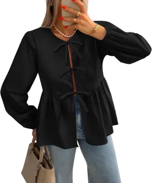 ZESICA Womens Tops Tie Front Long Puff Sleeve Button Peplum Babydoll Cute Shirts Spring Fashion Blouses