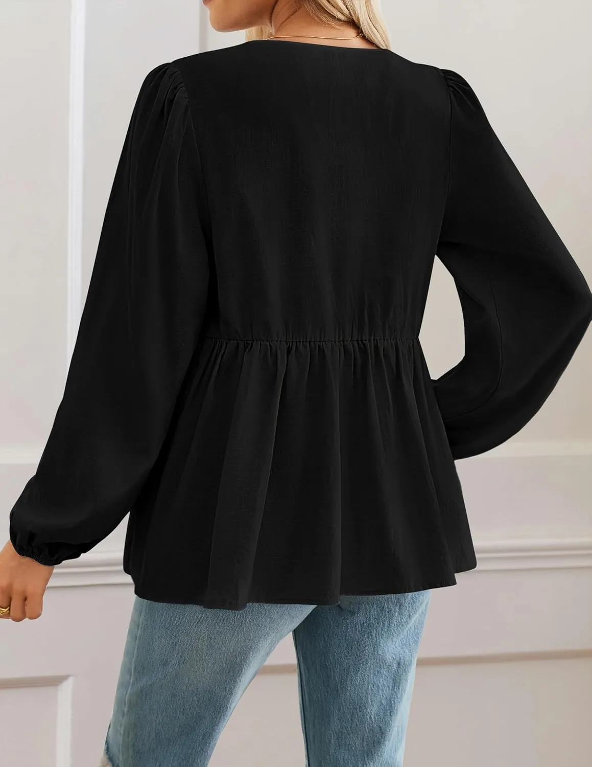 ZESICA Womens Tops Tie Front Long Puff Sleeve Button Peplum Babydoll Cute Shirts Spring Fashion Blouses