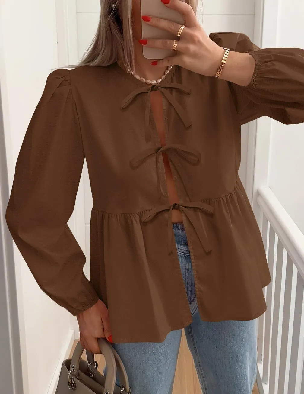 ZESICA Womens Tops Tie Front Long Puff Sleeve Button Peplum Babydoll Cute Shirts Spring Fashion Blouses