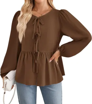 ZESICA Womens Tops Tie Front Long Puff Sleeve Button Peplum Babydoll Cute Shirts Spring Fashion Blouses