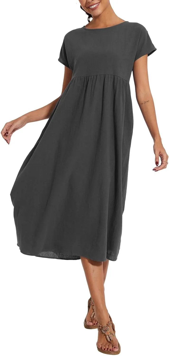 ZOCAVIA Cotton Dresses for Women 2025 Summer Short Sleeve Midi Dress Casual Loose Swing Beach Dress with Pockets