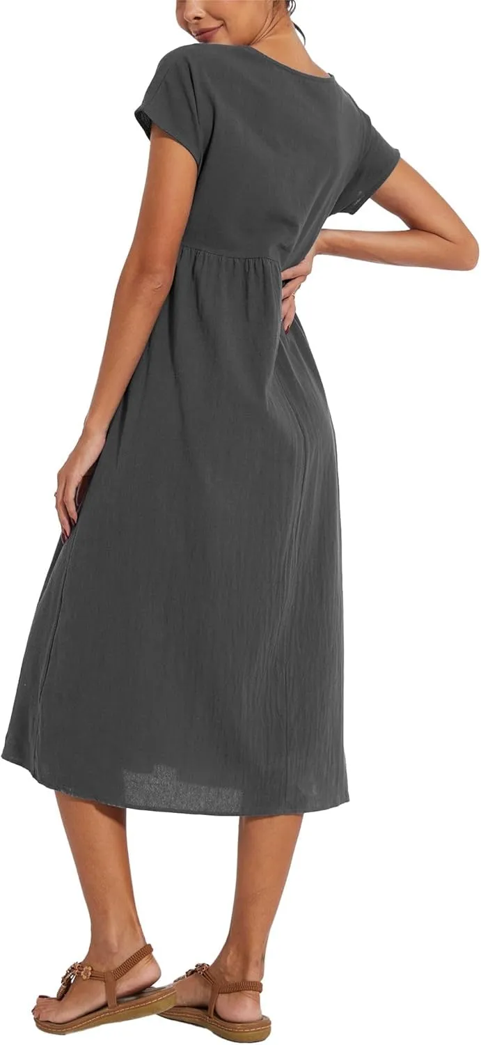 ZOCAVIA Cotton Dresses for Women 2025 Summer Short Sleeve Midi Dress Casual Loose Swing Beach Dress with Pockets