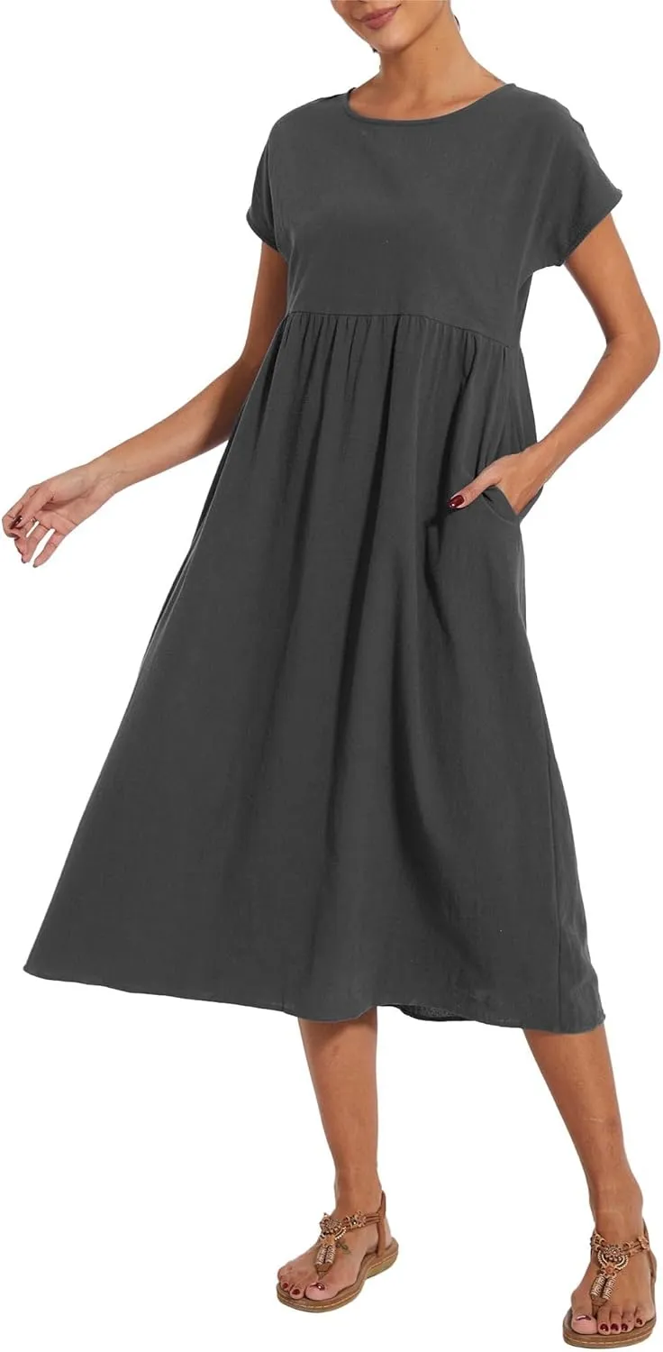 ZOCAVIA Cotton Dresses for Women 2025 Summer Short Sleeve Midi Dress Casual Loose Swing Beach Dress with Pockets