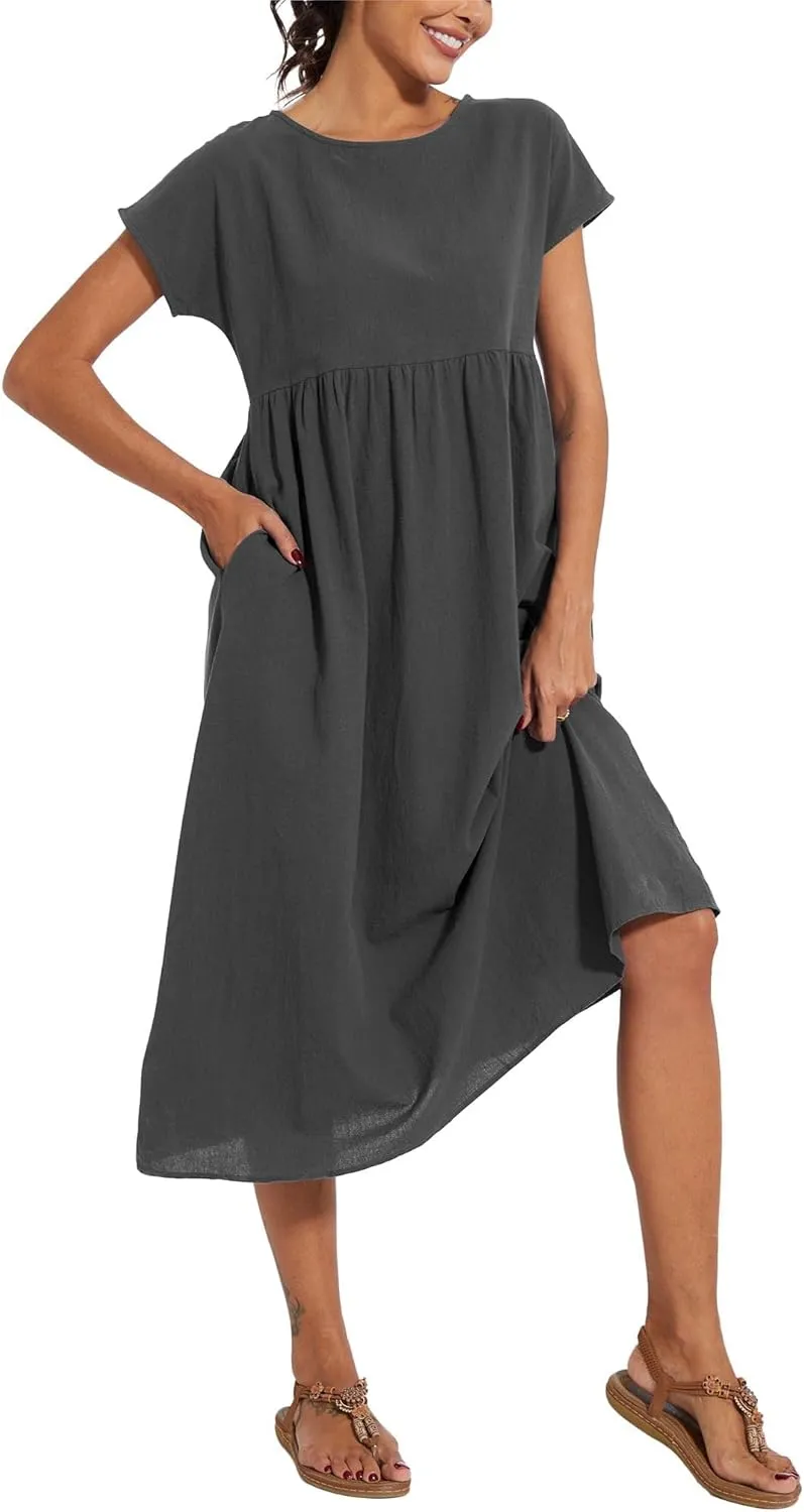 ZOCAVIA Cotton Dresses for Women 2025 Summer Short Sleeve Midi Dress Casual Loose Swing Beach Dress with Pockets
